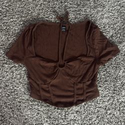 Brown Short Sleeve Tie Back Top Size M