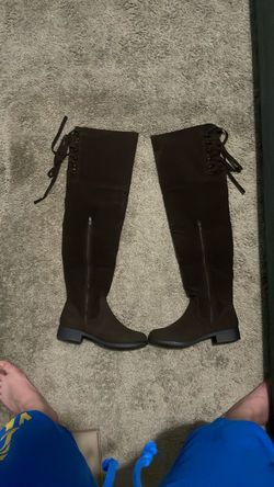 The selected item is a Venus brown faux suede over-the-knee boot featuring a flat heel,
