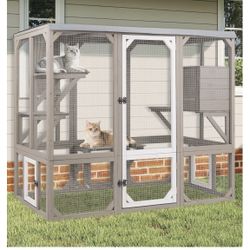 Outdoor Cat Enclosure Cat House, Cat Cage Condo Indoor Playpen Kitty House Shelter with Multi Platforms, Waterproof Roof, Pull-Out Tray (59" L x 27.5"