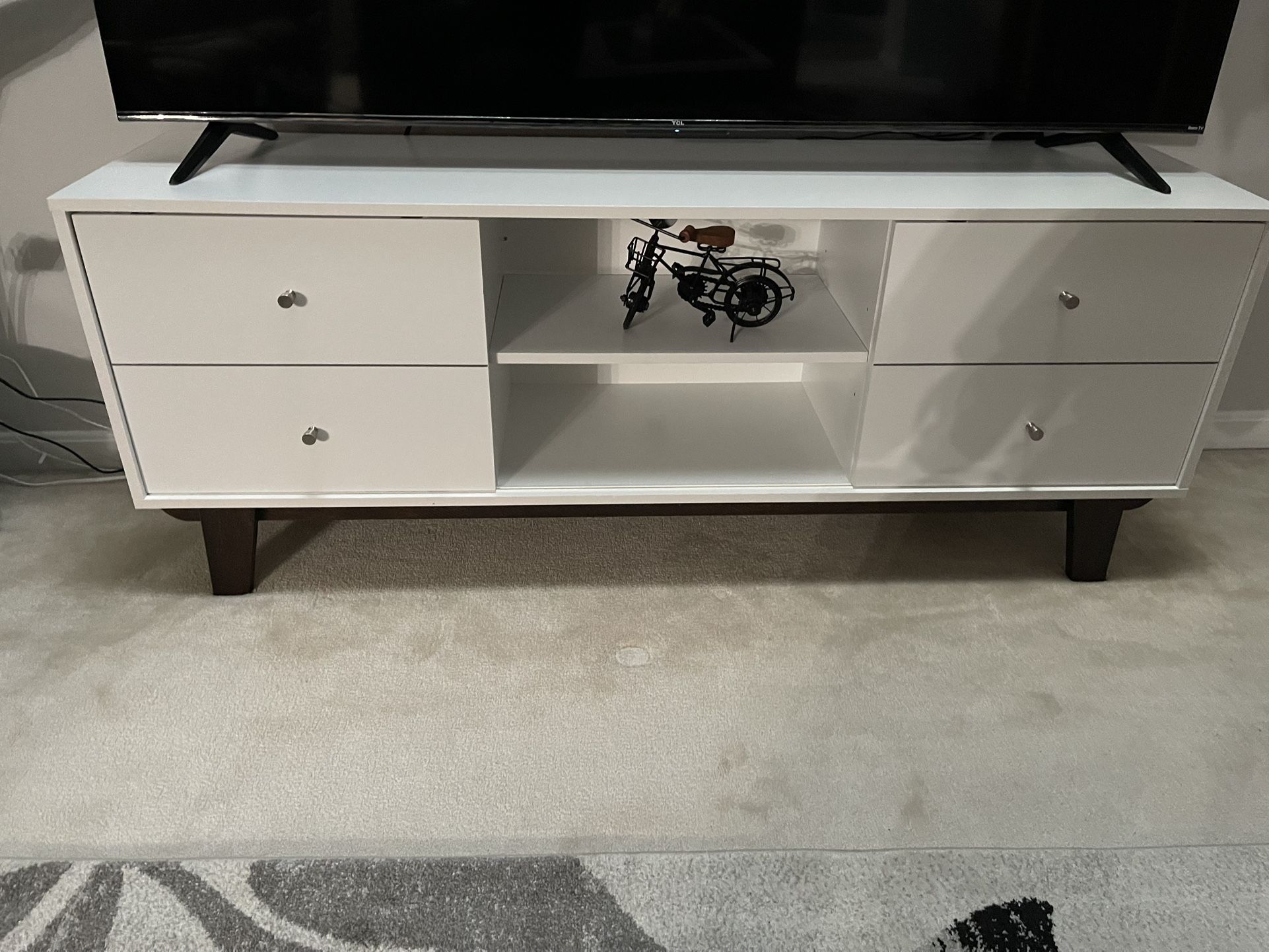 White TV-Shelf With Movable Cover Design And Storage