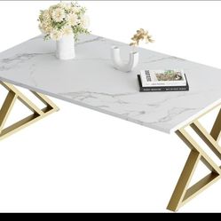 Modern Faux Marble Rectangular Tea Tables with Sturdy Gold Metal Frame