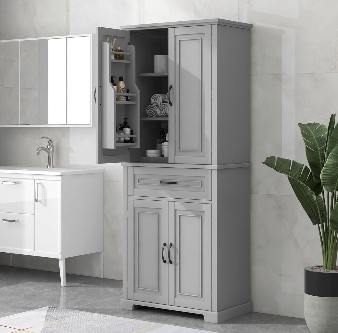Bathroom Storage Cabinet with Adjustable Shelf, 72" Tall Storage Cabinet with Doors and Drawer, Multi-Functional Wood Floor Storage Cabinet for Bathro