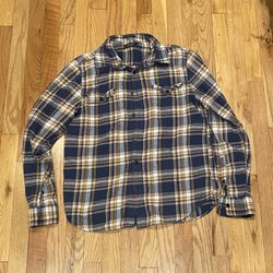 Lucky Brand Men's Blue and Yellow Plaid Flannel Shirt