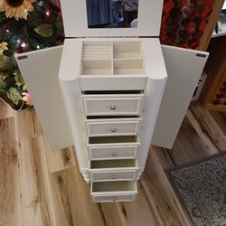 Beautiful White Jewelry Cabinet, Very Spacious 5 Drawers, Open Top For Rings And Earrings, 2 Side Openings For Necklaces. 