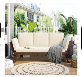 Small Place Acacia Brown Wood Outdoor Couch Day Bed with Beige Cushions