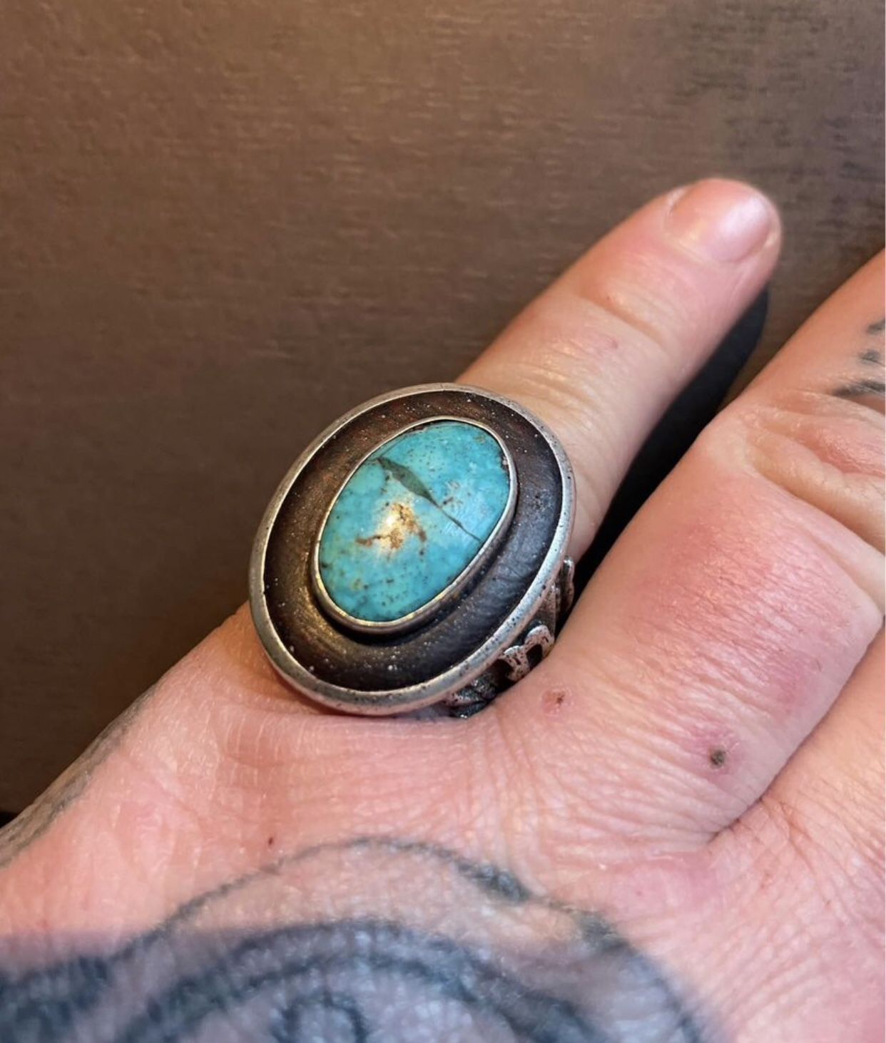 Mens Size 14 Koa Wood, Turquoise, Opal Sterling Ring 