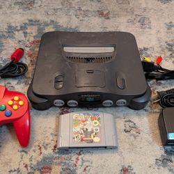 Nintendo 64 N64 With Mario kart 64 Game, Red Controller And Cables