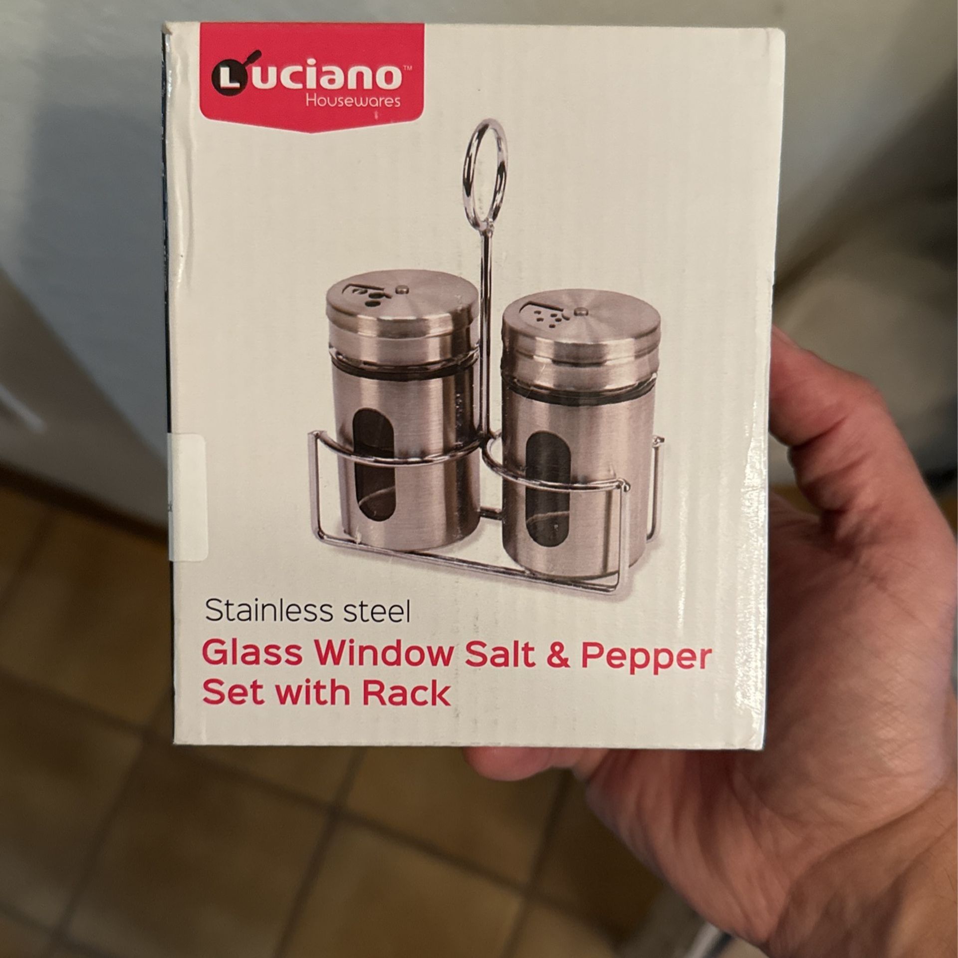 Stainless Steel Glass Window Salt And Pepper Set With Rack