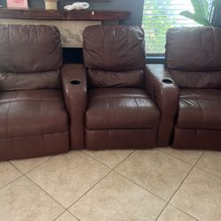3 Seat Brown Leather Recliner Couch