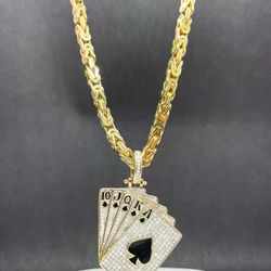 14k Solid gold Bizantine chain and Royal Flush Playing Cards Decks charm, pendant