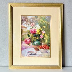 Still Life Summer Flowers Fruit Oil Print by Marie Felix Hippolyte-Lucas Framed