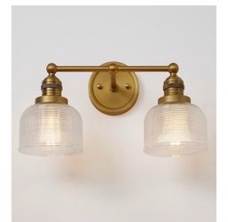 Bathroom Vanity Light Gold Wall Sconce with Clear Glass,2 Light Vintage Double Arm Bathroom Light Fixtures,Antique Brass Finish, Clear Corrugated Glas