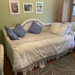 White Wicker Bed With Trundle, Dresser, Desk and Chair