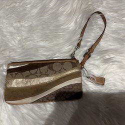 COACH Vintage Khaki Brown Metallic Patchwork Suede Leather Wristlet  Bag Y2K