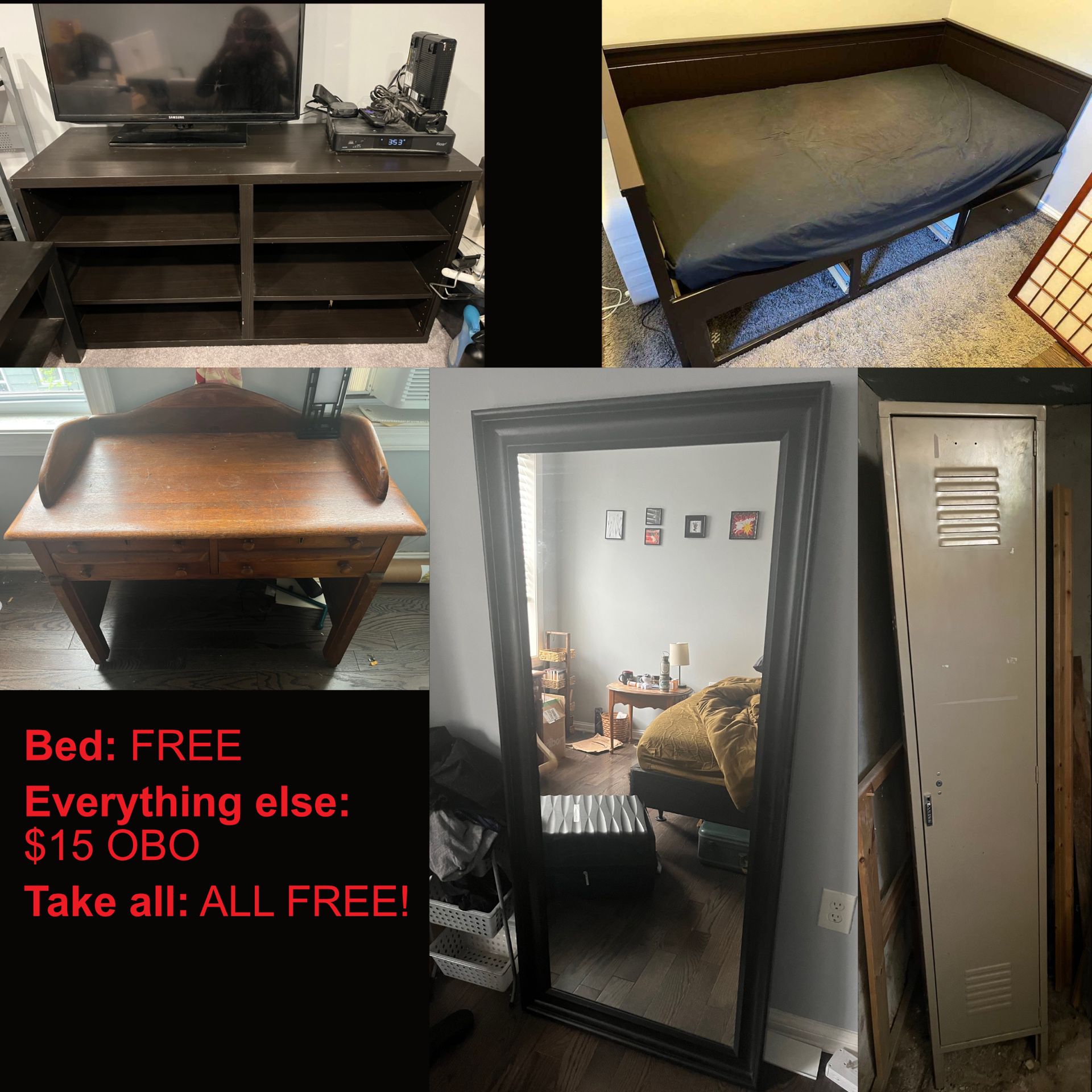 Desk, Mirror, Locker, TV Stand, FREE Bed