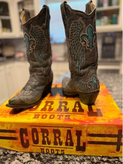 Corral Fleur De Lis Boots R2337 Gray Distressed Turquoise Womens Boots Size 8.5