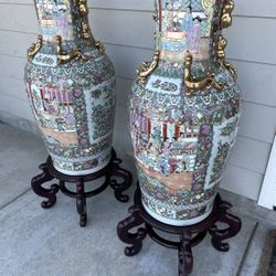 Large Chinese Rose Medallion hand painted Porcelain Gilt Floor Vases With Stands