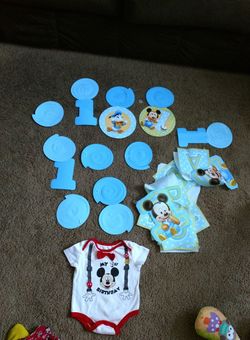 Mickey Mouse 1st birthday onesie & party supply's