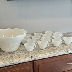 Anchor Hocking White Milk Glass Punch Bowl Set 