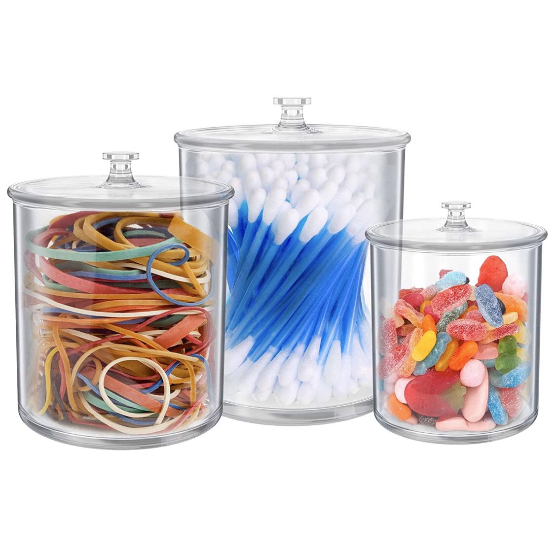 Set of 3 Small Apothecary Jars Bathroom – Multipurpose Acrylic Qtips Holder – Storage Organizer Canisters – Plastic Clear