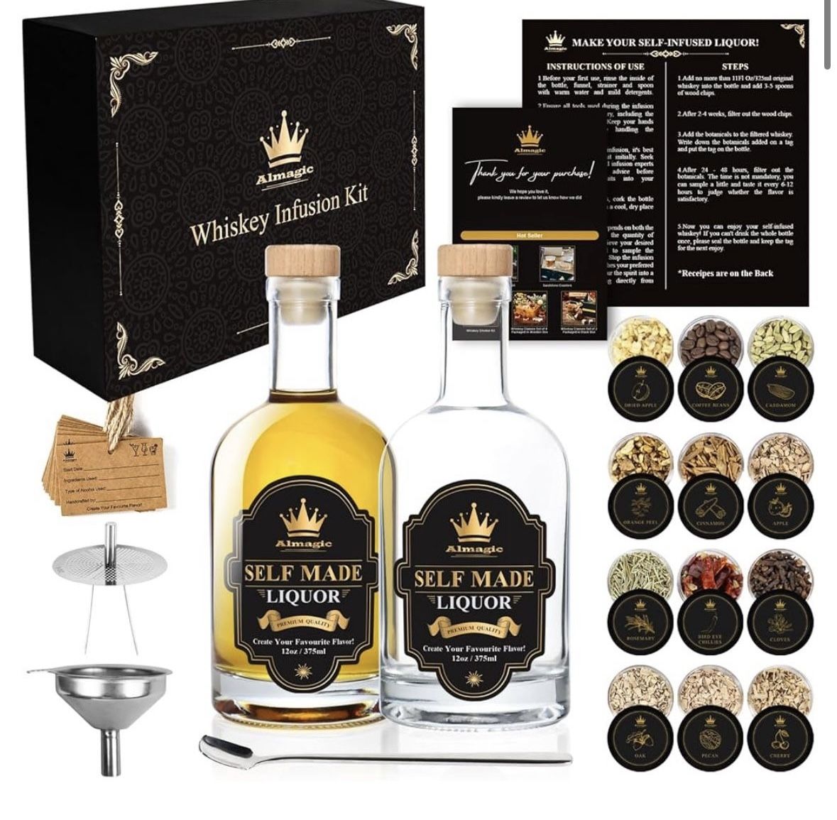 NEW Whiskey Infusion Kit Gift for Men | DIY Whiskey Set to Create Own Flavor | Includes 4 Wood Chips, 8 Ingredients, Complete Tools, and Infusion Reci