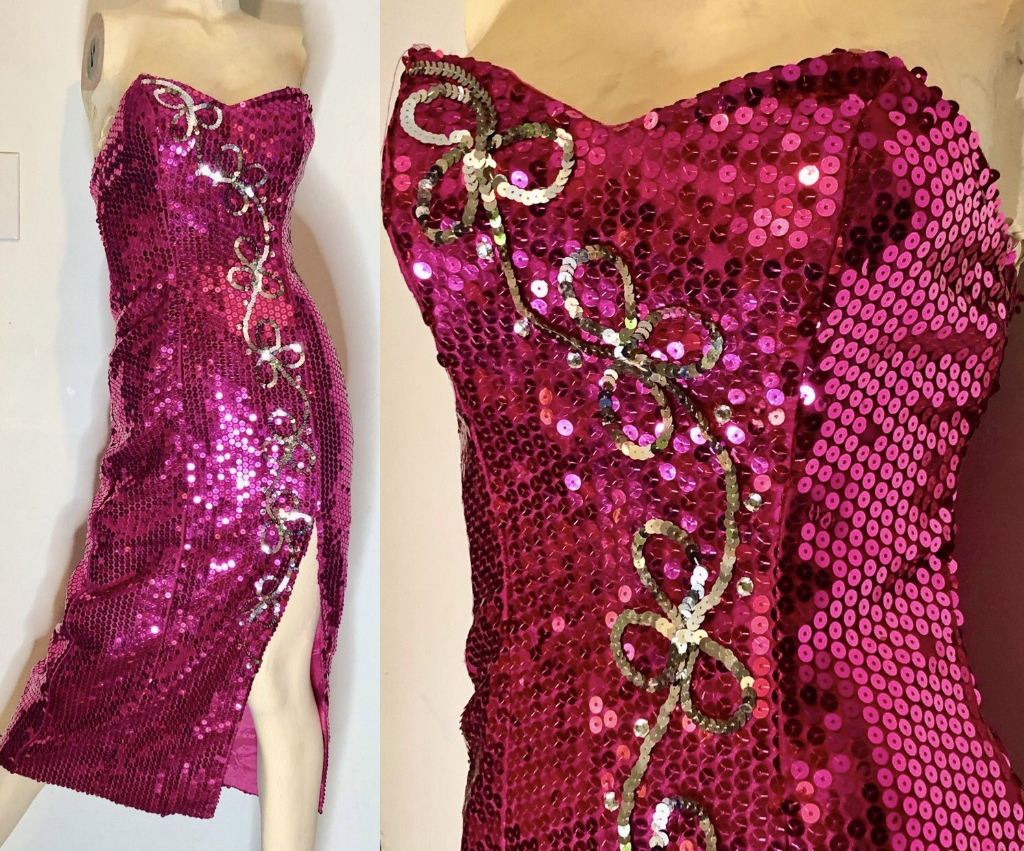 Vtg 80s Sequin Fuchsia Sweetheart Evening Formal Gown, 2