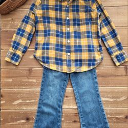 SIZE 6-7 GIRLS 2-PIECE OUTFIT BLUE & YELLOW PLAID BUTTON FRONT SHIRT W/SLIM FIT BLUE JEANS
