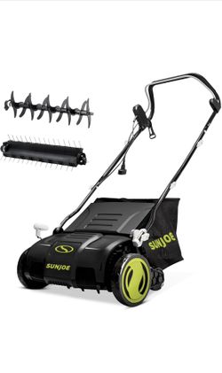 Sun Joe 15-Inch Electric Powered Lawn Dethatcher with Scarifier Blade Reel and Collection Bag - 13-Amp Corded Yard Power Rake Tool Machine for Grass T