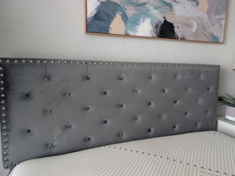 Beautiful Gray velvet studded platform bed - queen