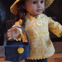 Hand-sewn Ensemble Made For 18" Doll Or American Girl Doll, Blue Jeans, Top, Purse &Hat