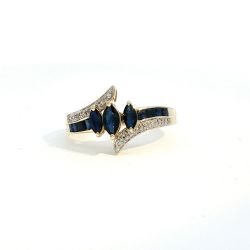 Ladies Marquis Blue Sapphire & Diamond Birthstone Ring 10k Yellow Gold Ring Size 8 11058850