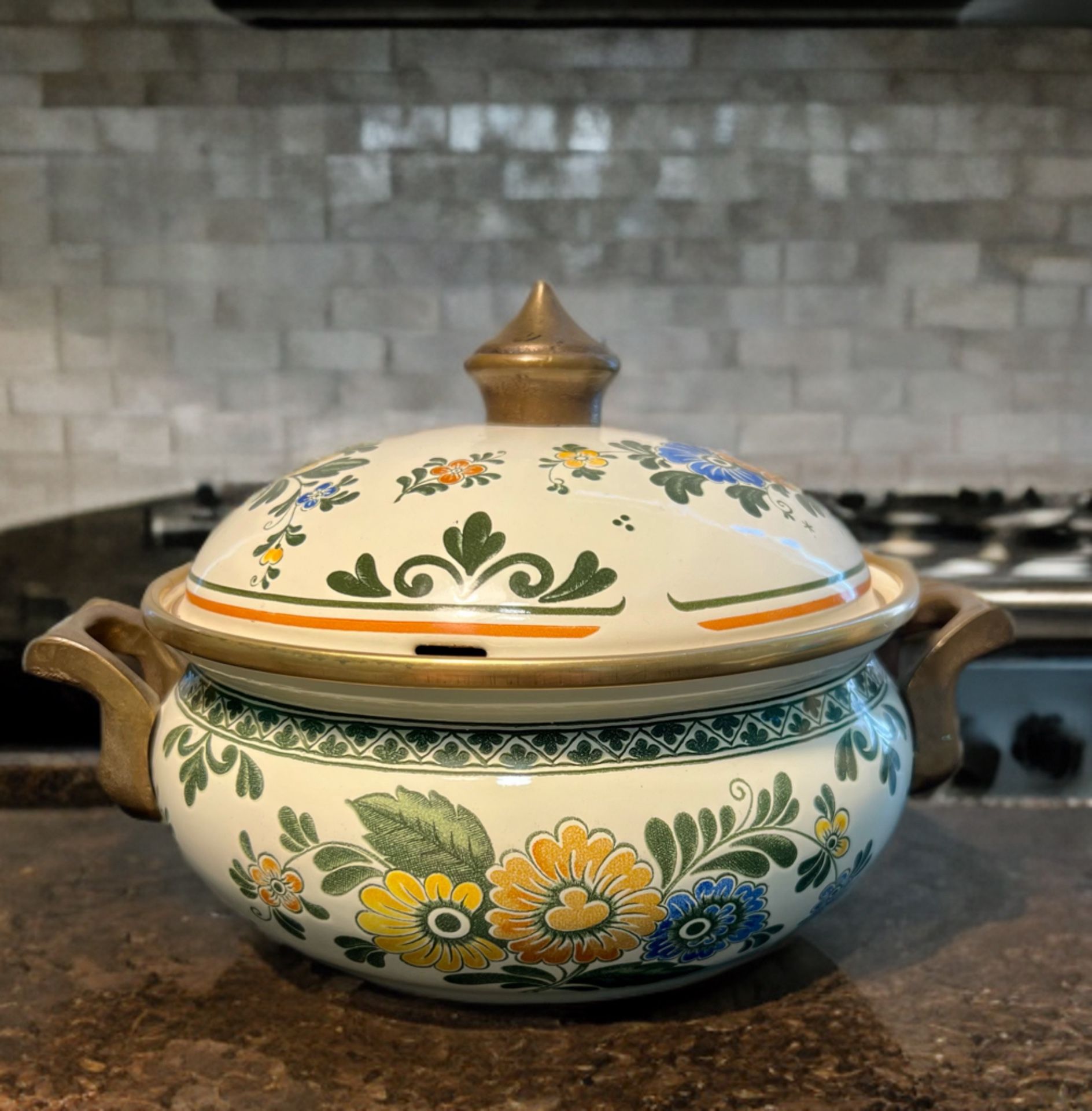 Asta Germany 1970s Handpainted Floral Casserole Pot With Lid, 7x6.25”