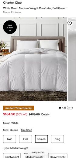Charter club White Down Medium Weight Comforter, Full/Queen