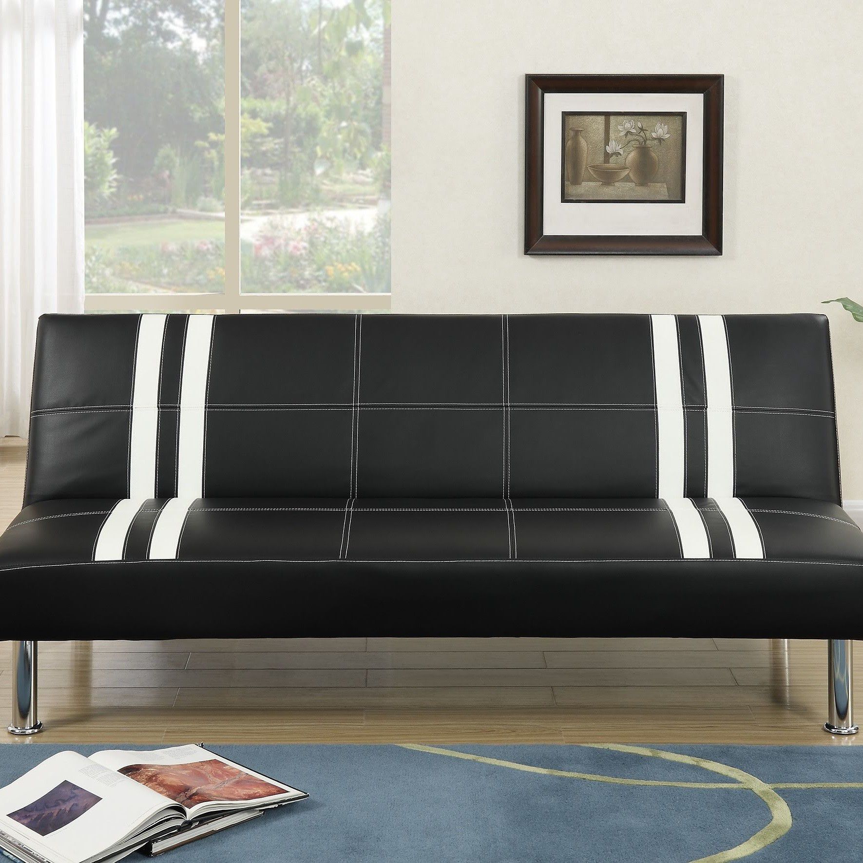 Black Faux Leather Futon Ajustable Sofa Bed