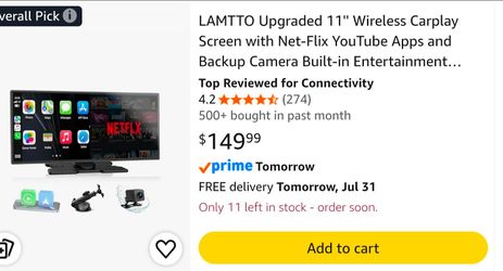 LAMTTO Upgraded 11'' Wireless Carplay Screen with Net-Flix YouTube Apps and Backup Camera Built-in Entertainment Video Box Navigation Voice Assistant 
