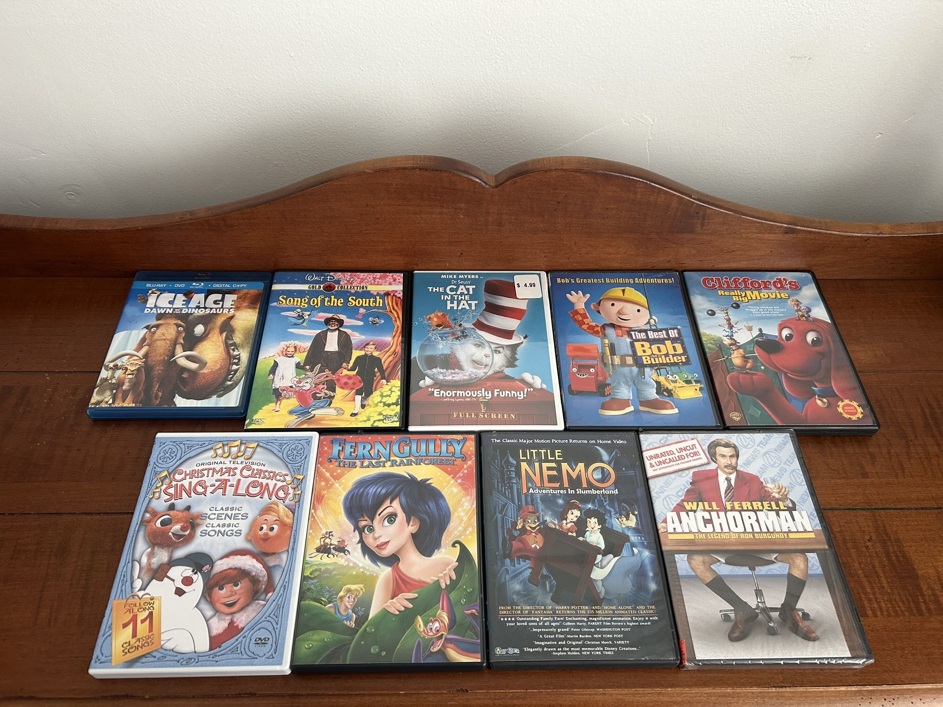 Lot of 9 DVDs - mostly for kids Bob the Builder, Ice Age, Cat in the Hat, Clifford, Christmas