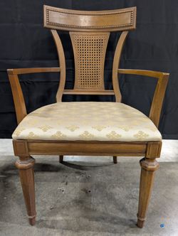 Traditional Wood Cane Back Armchair with Patterned Upholstered Seat