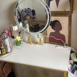 Vanity table with light up mirror and chair