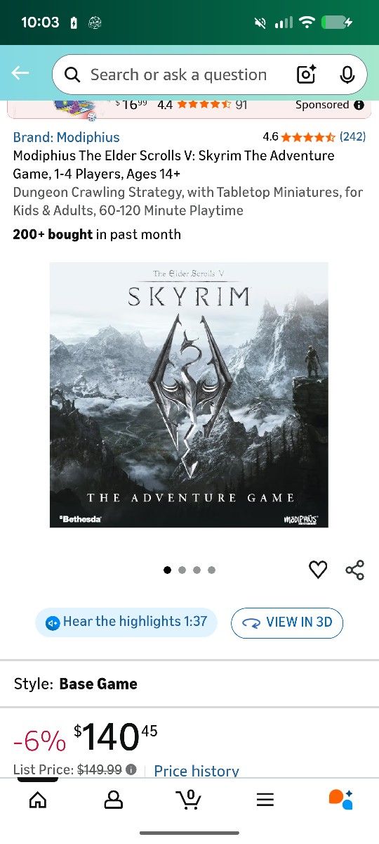 The Elder Scrolls: Skyrim Adventure Board Game New and Sealed