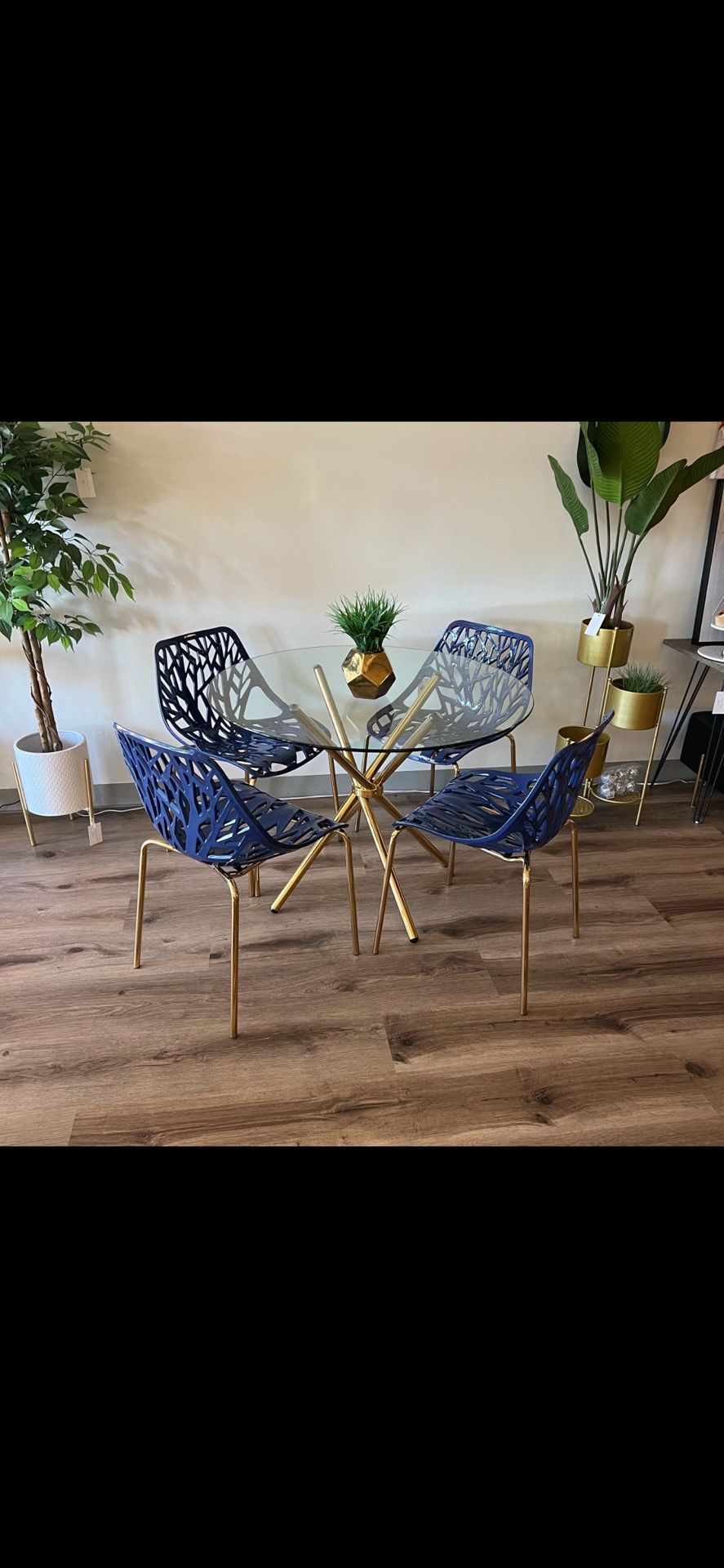 Navy Blue Gold Dining Chairs And Table Set For 4