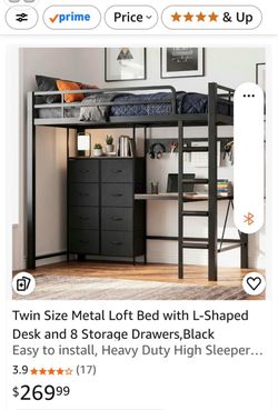 Cama tipo loft tamaño twin con escritorio y barandilla de seguridad, marco de cama de metal