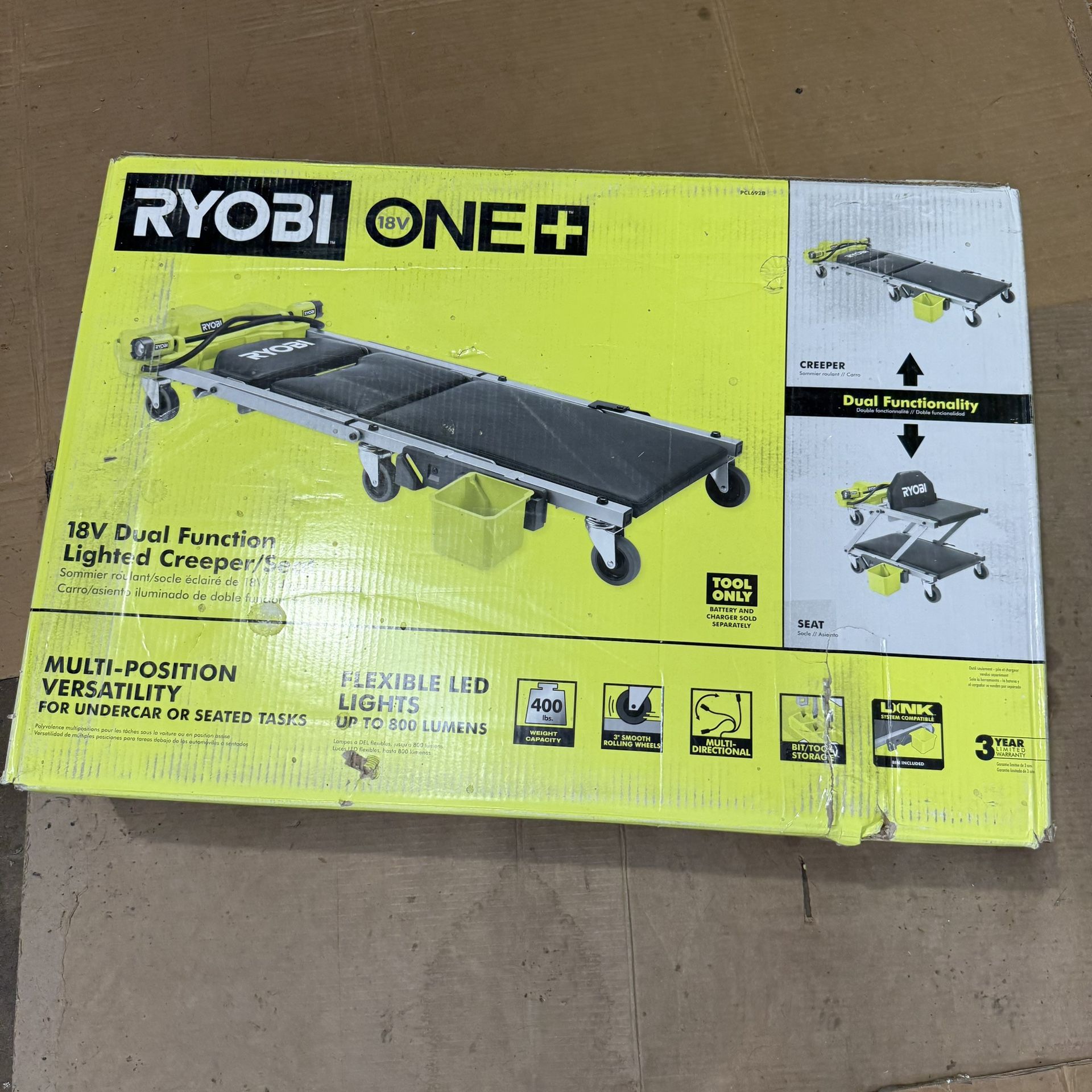 RYOBI ONE+ 18V Cordless Automotive Dual Function 400 lb. Capacity, 800 Lumen Lighted Mechanic Garage Creeper Seat (Tool Only)