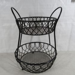 Kitchen Counter 2 Tier Loop & Lattice Antique Black Steel Storage Basket
