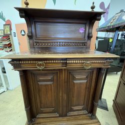 Antique Wood & Marble Buffet Cabinet