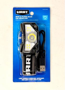 HART 500 lumens LED Headlamp Spot & Flood Beam, Red USB Rechargeable Battery