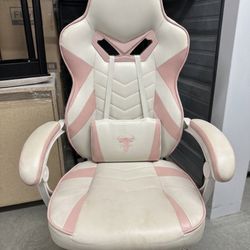 Cute Pink & White Gaming Chair with Cow Logo - Like New