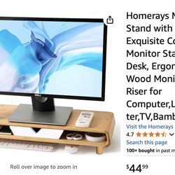 Homerays Monitor Stand with Drawer, Exquisite Computer Monitor Stand for Desk, Ergonomic Wood Monitor Stand Riser for Computer,Laptop,Printer,TV,Bambo