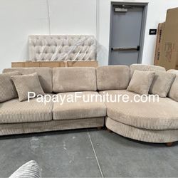 New! 125” Large Sectional With Round Chaise, Corduroy Sectional, Brown Sectional, Camel Brown Sofa, Sectional, Couch, Modern Couch, Plush Sectional 