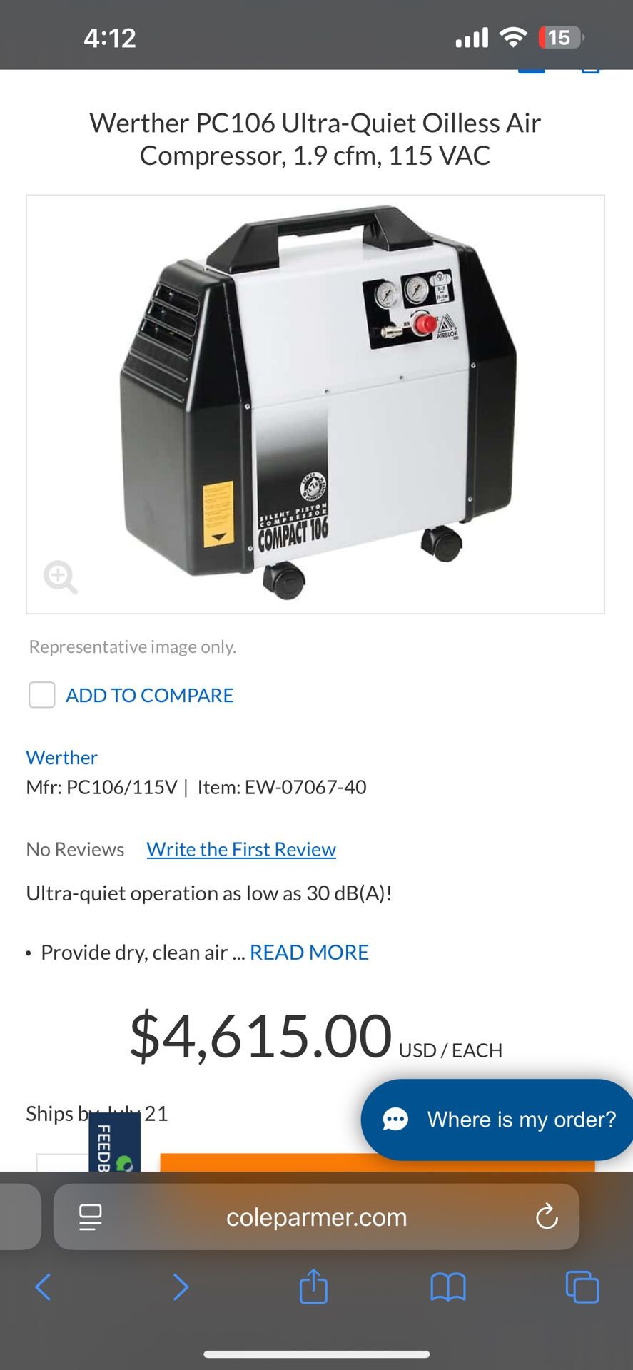 Werther PC106 Ultra-Quiet Oilless Air Compressor, 1.9 cfm, 115 VAC