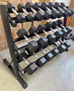 rubber dumbbell hex 5-50 LB with rack
